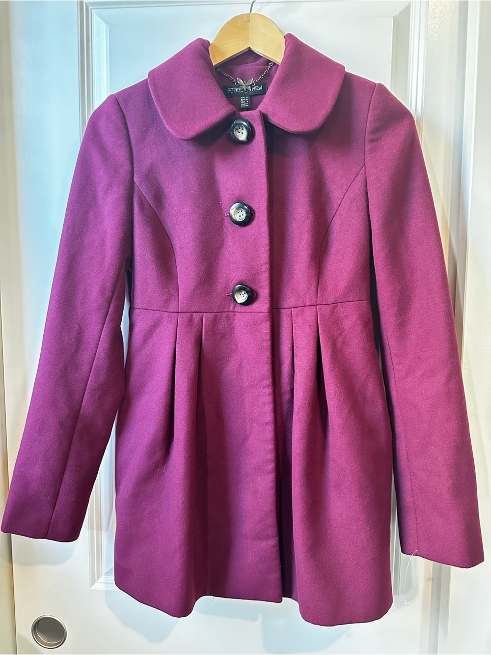 Forever New Magenta Pleated Wool-Blend Pea Coat